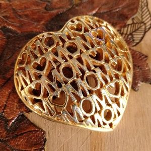 3/$20 Heart MOM brooch pin gold time large  2"